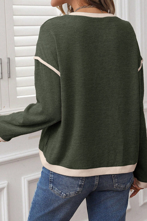 Relaxed Waffle Knit Contrast Trim Pullover Sweater