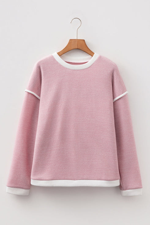 Relaxed Waffle Knit Contrast Trim Pullover Sweater