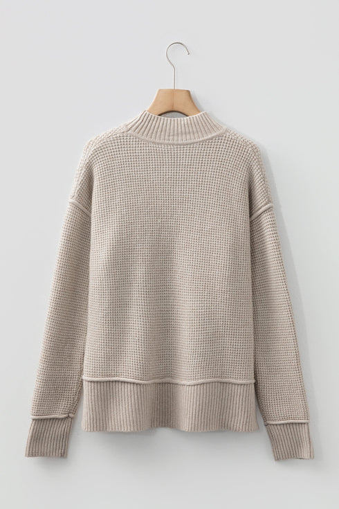 Relaxed Waffle Knit Mock Neck Exposed Seam Sweater