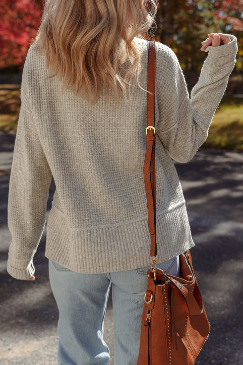 Relaxed Waffle Knit Mock Neck Exposed Seam Sweater