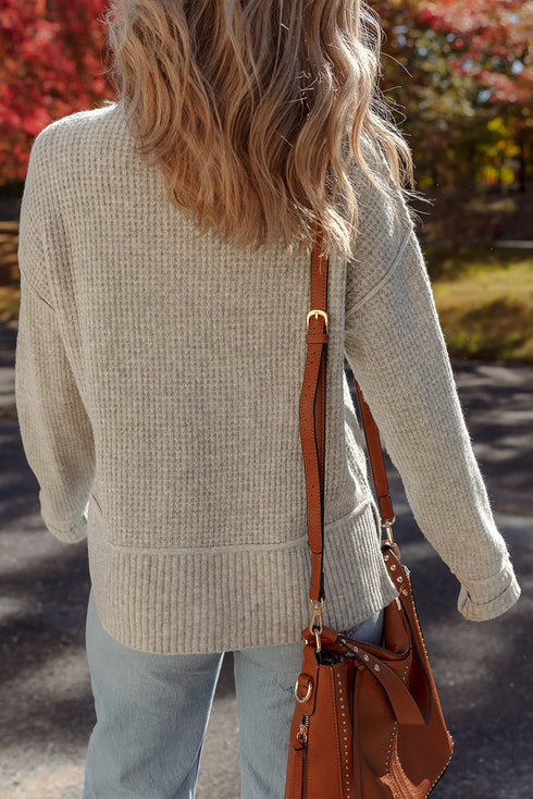 Relaxed Waffle Knit Mock Neck Exposed Seam Sweater
