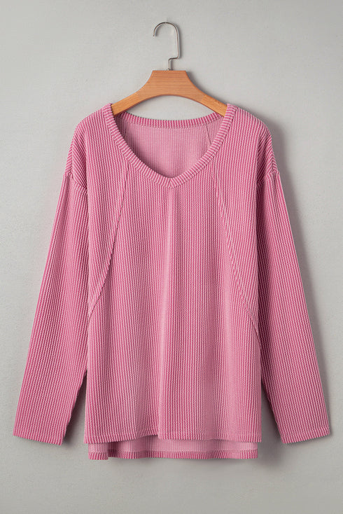 Relaxed Waffle Knit Reverse Seam Long Sleeve Top