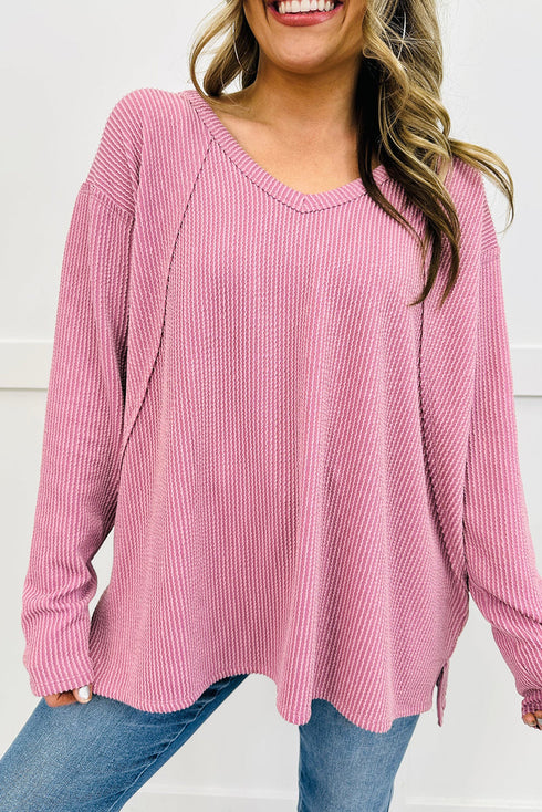 Relaxed Waffle Knit Reverse Seam Long Sleeve Top