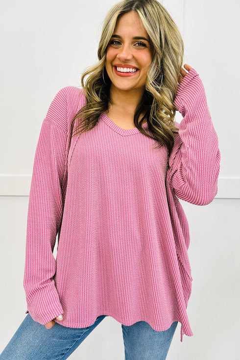 Relaxed Waffle Knit Reverse Seam Long Sleeve Top