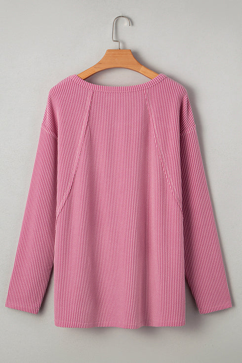 Relaxed Waffle Knit Reverse Seam Long Sleeve Top