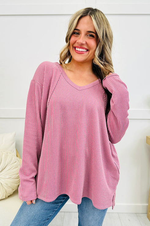 Relaxed Waffle Knit Reverse Seam Long Sleeve Top