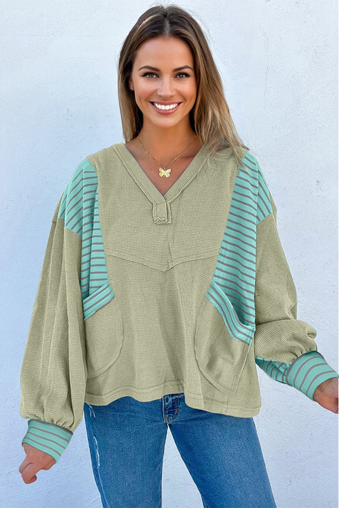Relaxed Waffle Knit Striped Patch Pocket Pullover Top