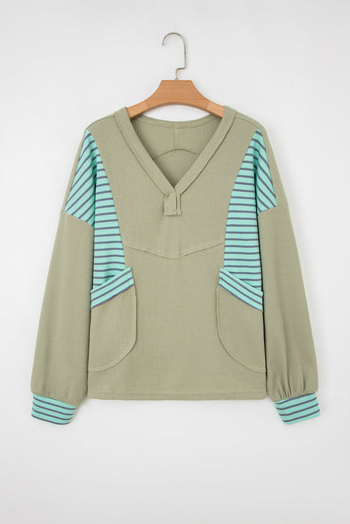 Relaxed Waffle Knit Striped Patch Pocket Pullover Top