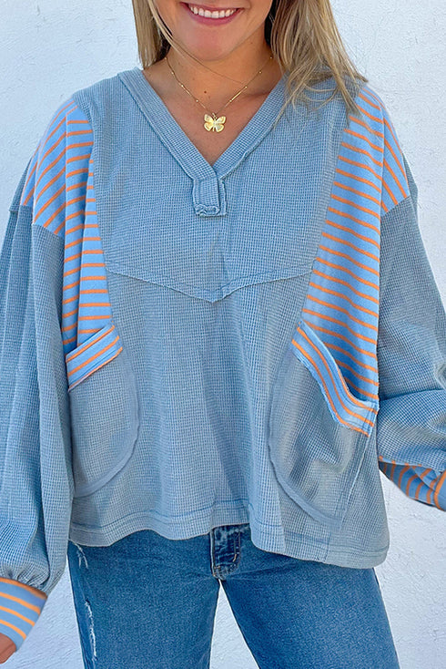 Relaxed Waffle Knit Striped Patch Pocket Pullover Top