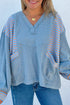 Relaxed Waffle Knit Striped Patch Pocket Pullover Top