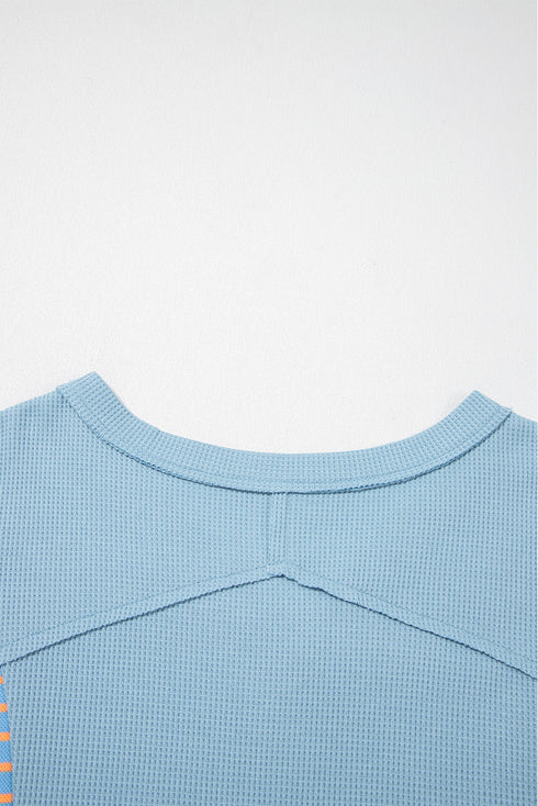 Relaxed Waffle Knit Striped Patch Pocket Pullover Top