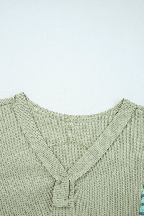 Relaxed Waffle Knit Striped Patch Pocket Pullover Top
