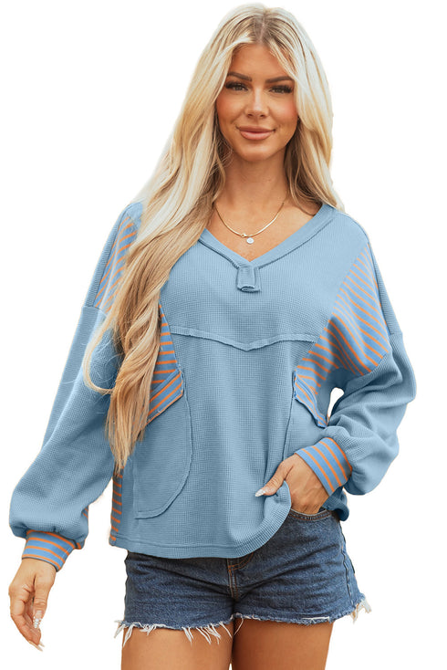 Relaxed Waffle Knit Striped Patch Pocket Pullover Top