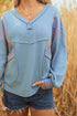 Relaxed Waffle Knit Striped Patch Pocket Pullover Top