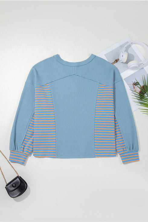 Relaxed Waffle Knit Striped Patch Pocket Pullover Top