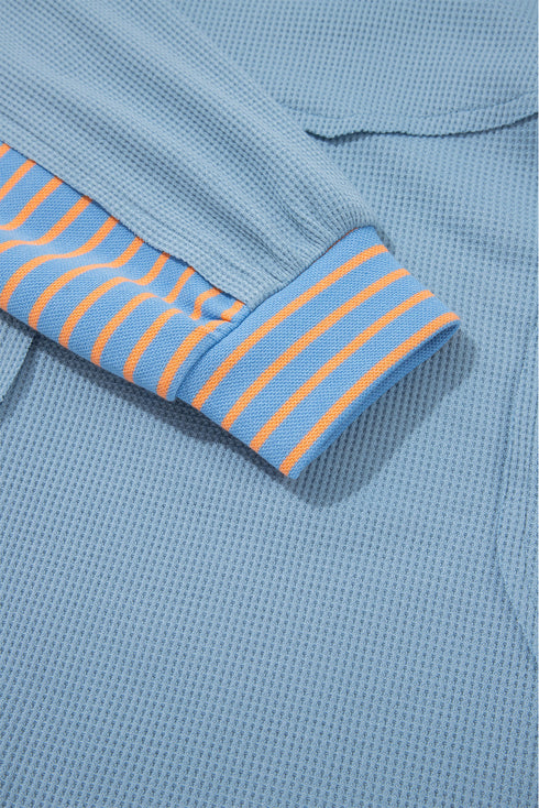 Relaxed Waffle Knit Striped Patch Pocket Pullover Top