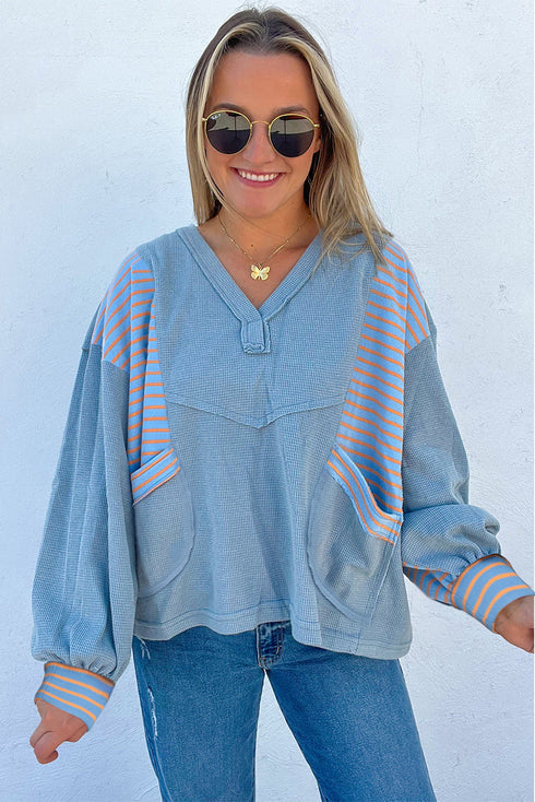 Relaxed Waffle Knit Striped Patch Pocket Pullover Top