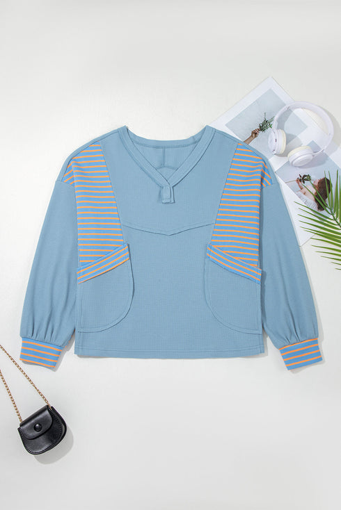 Relaxed Waffle Knit Striped Patch Pocket Pullover Top