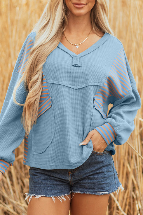Relaxed Waffle Knit Striped Patch Pocket Pullover Top