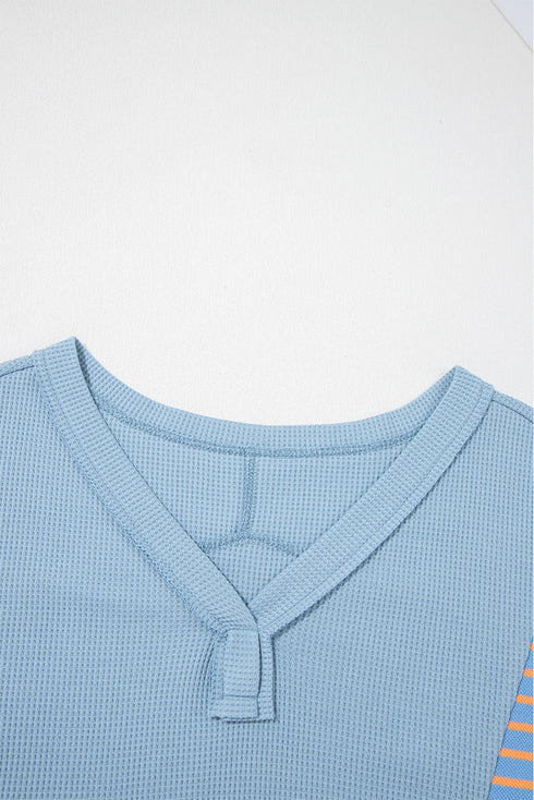 Relaxed Waffle Knit Striped Patch Pocket Pullover Top