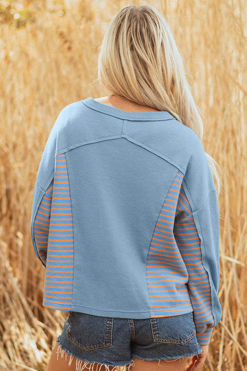 Relaxed Waffle Knit Striped Patch Pocket Pullover Top
