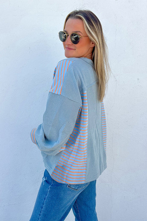 Relaxed Waffle Knit Striped Patch Pocket Pullover Top