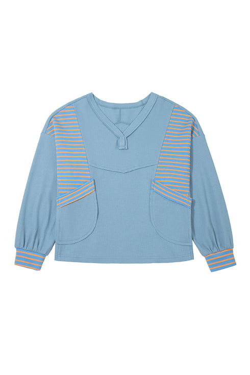 Relaxed Waffle Knit Striped Patch Pocket Pullover Top