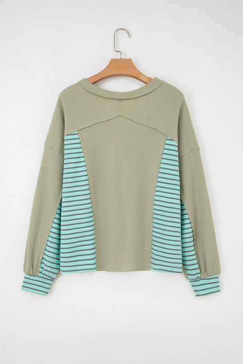 Relaxed Waffle Knit Striped Patch Pocket Pullover Top