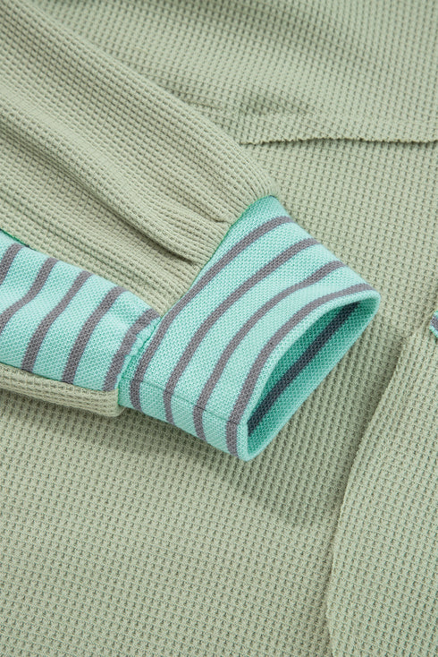 Relaxed Waffle Knit Striped Patch Pocket Pullover Top