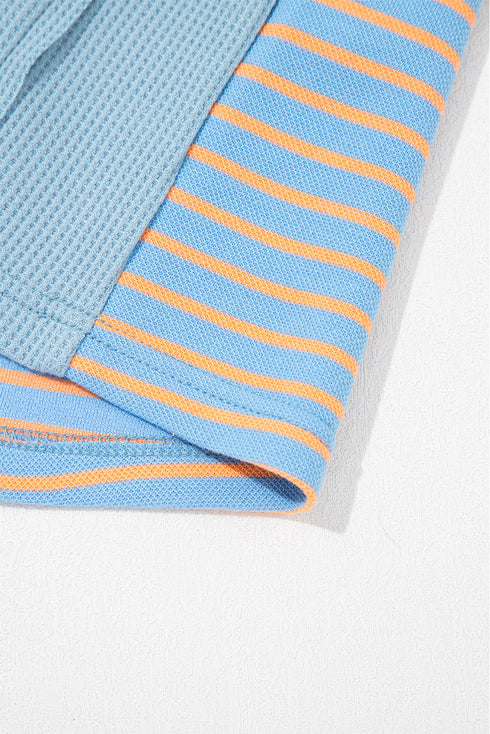 Relaxed Waffle Knit Striped Patch Pocket Pullover Top