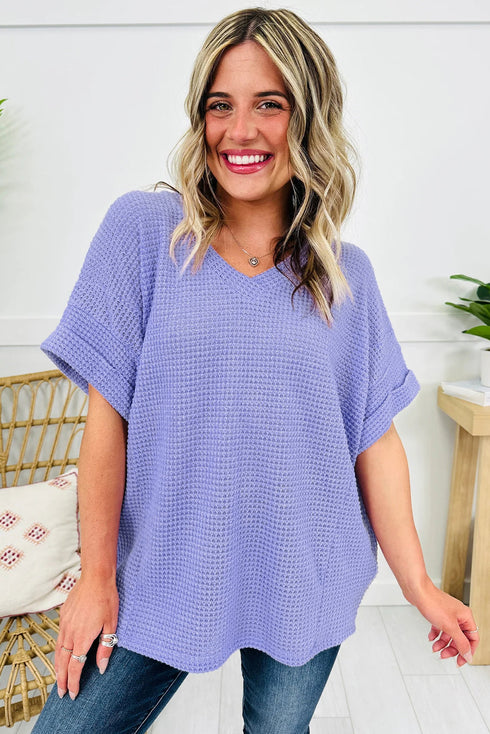 Relaxed Waffle Knit V Neck Short Sleeve Casual Top