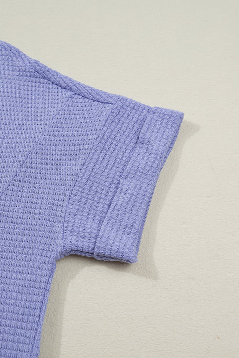 Relaxed Waffle Knit V Neck Short Sleeve Casual Top