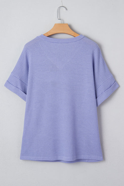 Relaxed Waffle Knit V Neck Short Sleeve Casual Top
