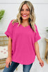 Relaxed Waffle Knit V Neck Short Sleeve Casual Top