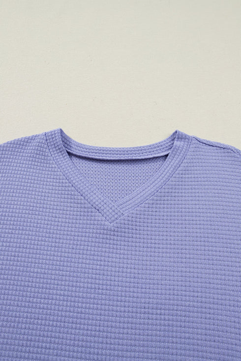 Relaxed Waffle Knit V Neck Short Sleeve Casual Top