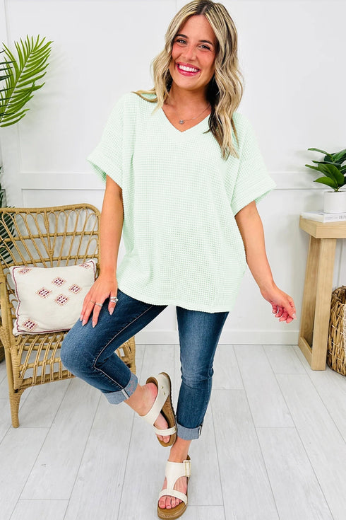 Relaxed Waffle Knit V Neck Short Sleeve Casual Top