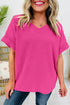 Relaxed Waffle Knit V Neck Short Sleeve Casual Top