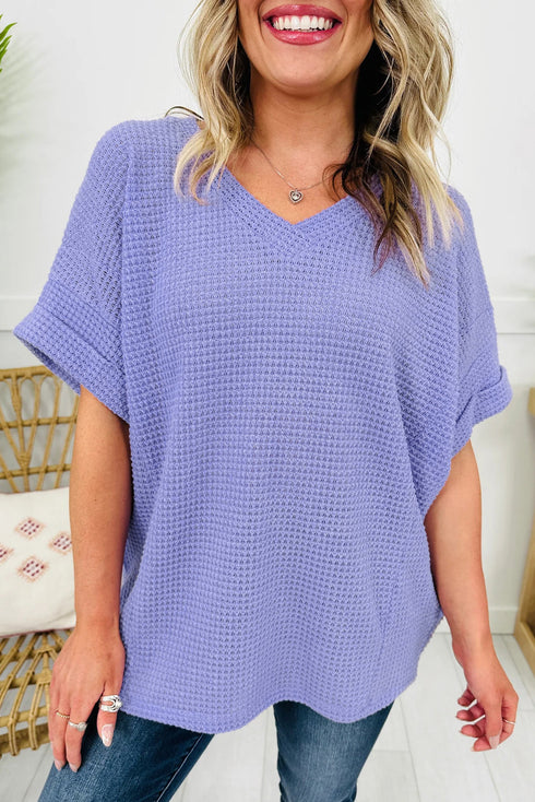 Relaxed Waffle Knit V Neck Short Sleeve Casual Top