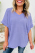 Relaxed Waffle Knit V Neck Short Sleeve Casual Top