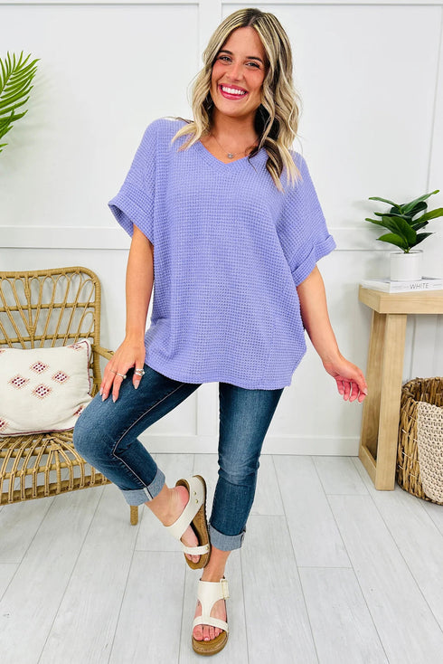 Relaxed Waffle Knit V Neck Short Sleeve Casual Top