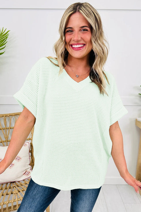 Relaxed Waffle Knit V Neck Short Sleeve Casual Top