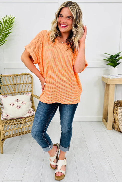 Relaxed Waffle Knit V Neck Short Sleeve Casual Top