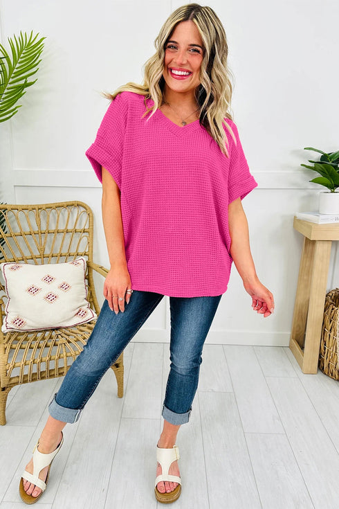 Relaxed Waffle Knit V Neck Short Sleeve Casual Top