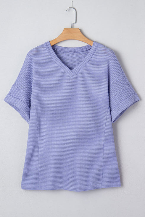 Relaxed Waffle Knit V Neck Short Sleeve Casual Top