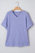 Relaxed Waffle Knit V Neck Short Sleeve Casual Top
