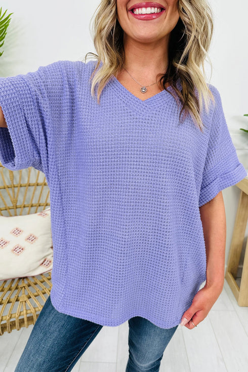 Relaxed Waffle Knit V Neck Short Sleeve Casual Top