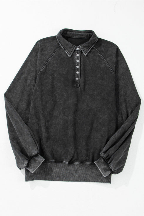 Relaxed Washed Knit Snap Button Collared Pullover