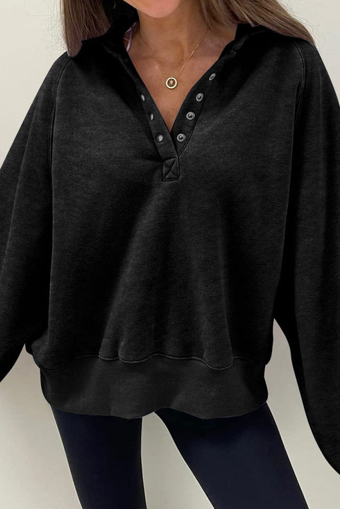 Relaxed Washed Knit Snap Button Collared Pullover