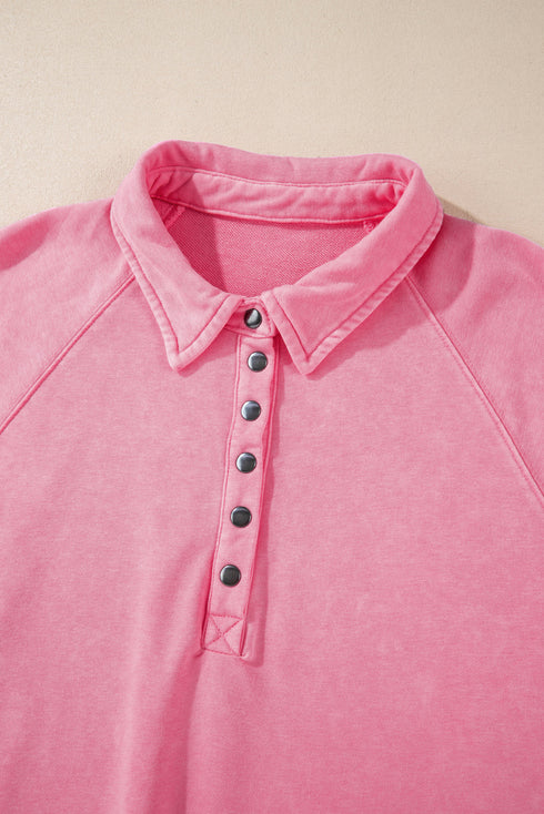 Relaxed Washed Knit Snap Button Collared Pullover