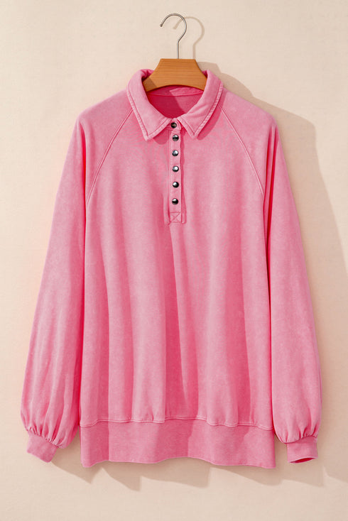 Relaxed Washed Knit Snap Button Collared Pullover